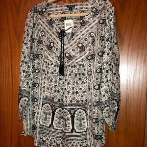 NWT Lucky Brand Boho Peasant Top 3X Black Cream
